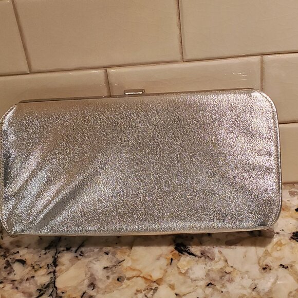 Womens Evening Bag Clutch Purse Silver Metallic + NWT Extra Long Silver Gloves - Picture 11 of 12